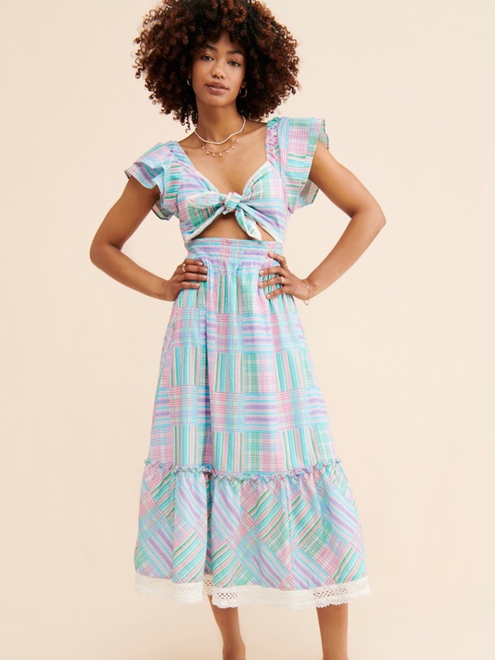 LoveShackFancy Emeka Cut-Out Plaid Ruffle Crochet Trim Maxi Dress Medium